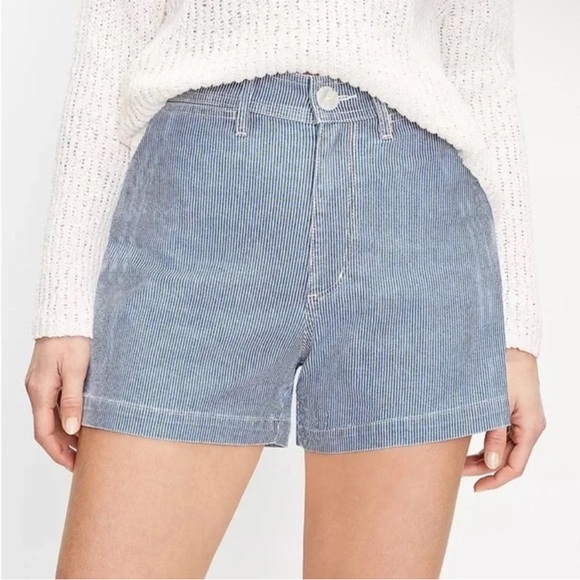 LOFT High Rise Welt Pocket Denim Shorts in Indigo Stripe - Picture 2 of 10